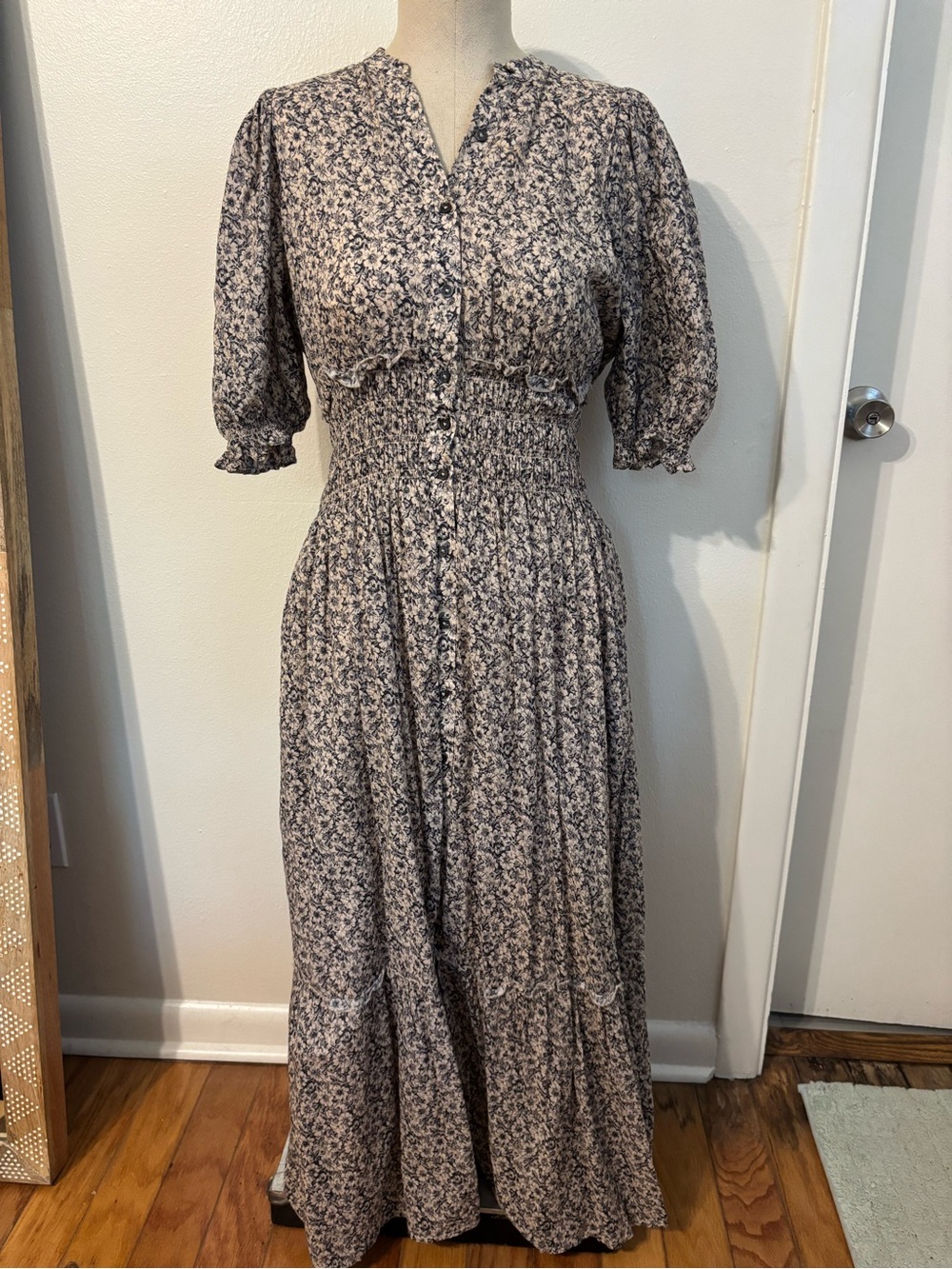 sundays Beige and Black Floral Smocked Maxi Dress